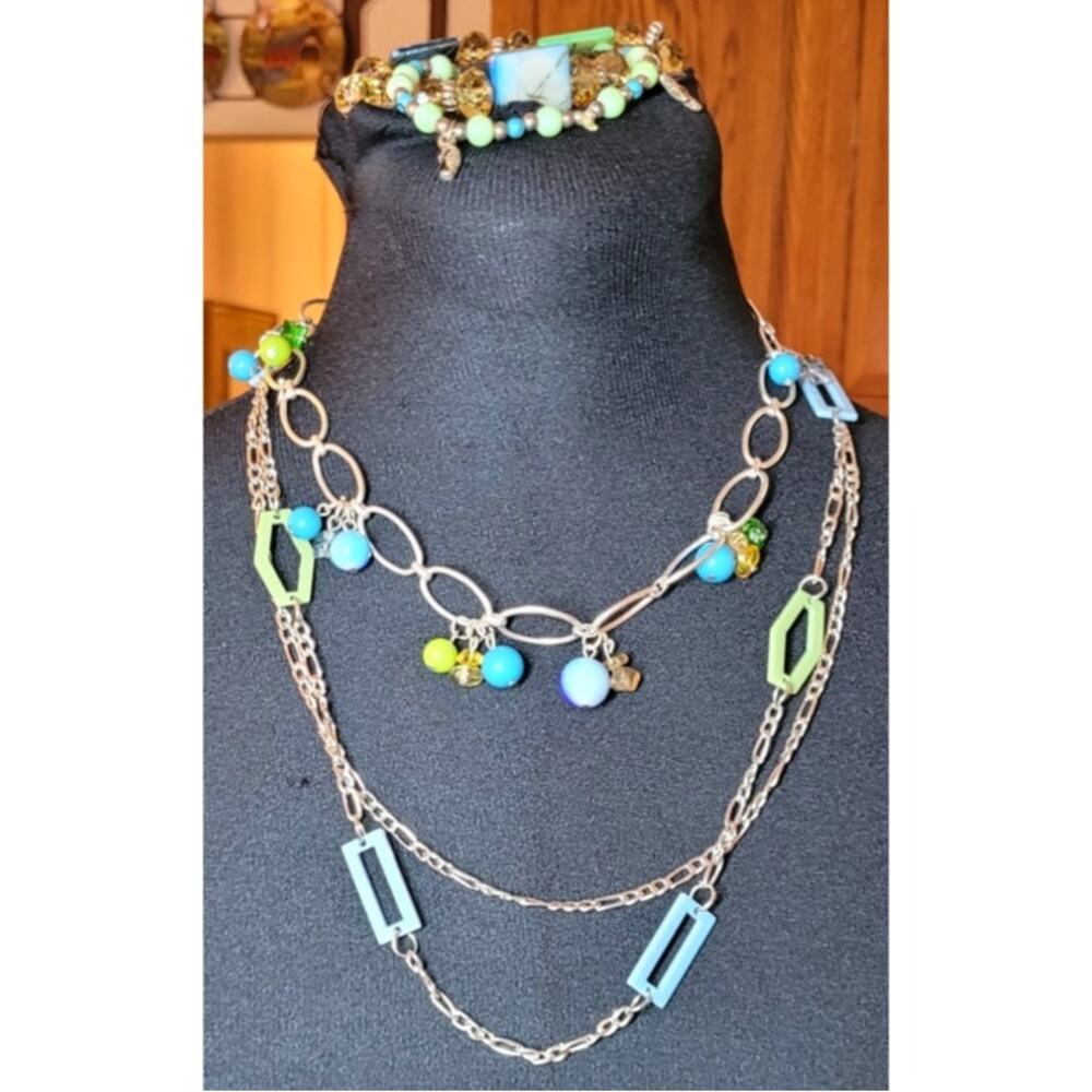 4 Pc Necklace Stretch Bracelets Jewelry Lot Blues Greens Beachy Coastal Boho